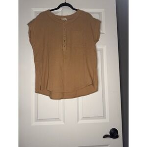 Hem And Thread Short Sleeve Cotton Gauze Henley Top Brown Large Raw Hem Nwt 38